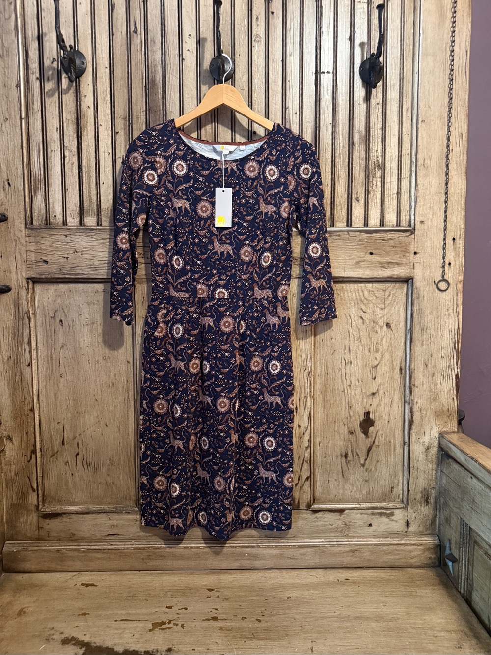 Boden Navy Midi Dress with Tan Floral Medallion Print